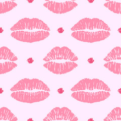 Vector seamless pattern with female pink lipstick kiss and polka dot. 