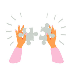Female Hands holds and folds pieces of puzzle. Teamwork business concept. Vector cartoon illustration isolated from white background