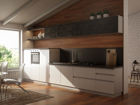 Modern white-grey kitchen with wooden floor and wall background