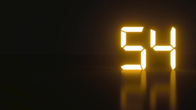 Neon minimalistic real time of one minute of times in an isolated space. Sci-fi stylish glowing countdown seconds with cool reflection for an analog style presentation. Close up static nice shot