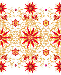 3d rendering. Golden stylized flowers, delicate shiny curls, paisley element, seamless pattern. Oriental style arabesques. Brilliant lace. Openwork weaving delicate, raspberry pendant on a chain.