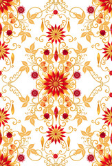 3d rendering. Golden stylized flowers, delicate shiny curls, paisley element, seamless pattern. Oriental style arabesques. Brilliant lace. Openwork weaving delicate, raspberry pendant on a chain.