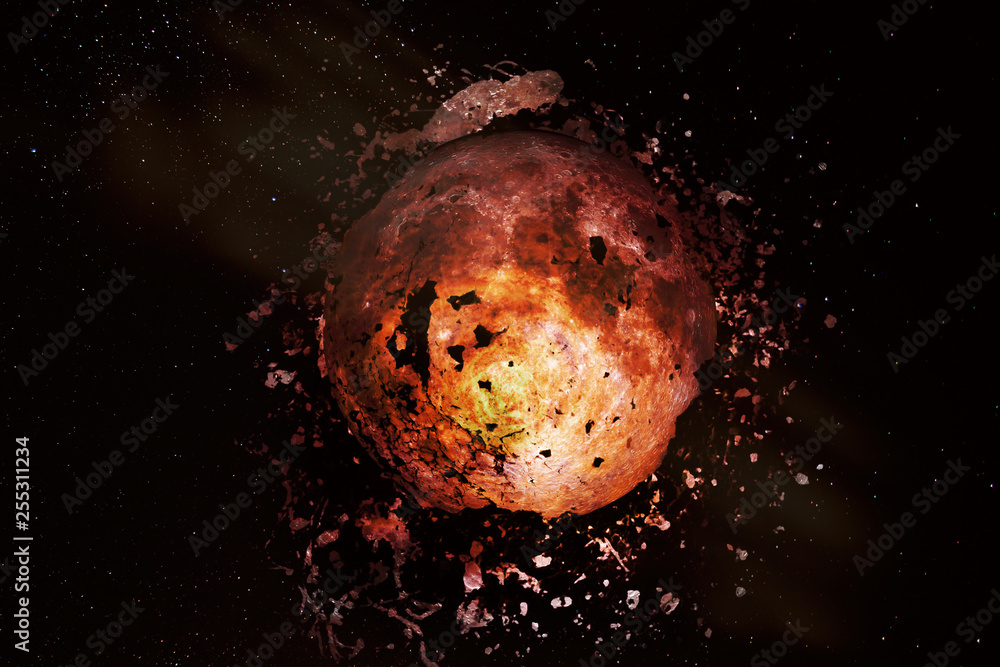 Poster explosion of the moon in space. fragments of the planet scatter around. apocalypse. elements of this