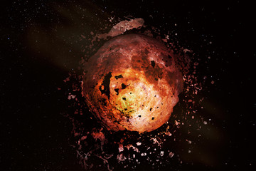 Explosion of the moon in space. Fragments of the planet scatter around. Apocalypse. Elements of this image furnished by NASA.