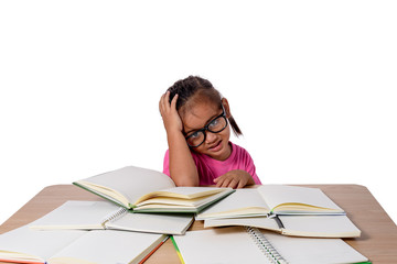 little girl with glasses thought and many book on the table. back to school concept, isolated on white background