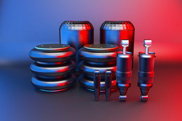 Trucks Cabin Shock Absorber and air spring, New auto parts, spare parts Cabinedemper. Spare parts for shop, aftermarket OEM for cargo car. 3D rendering.