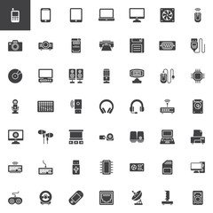 Computer devices, hardware vector icons set, modern solid symbol collection, filled style pictogram pack. Signs, logo illustration. Set includes icons as laptop, cpu tower, PC monitor, Hard disk drive