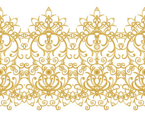 Seamless pattern. Golden textured curls. Oriental style arabesques. Brilliant lace, stylized flowers. Openwork weaving delicate, golden background.