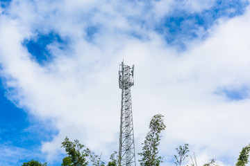 Telecommunication Tower. Cell Phone Signal Tower on blue sky background