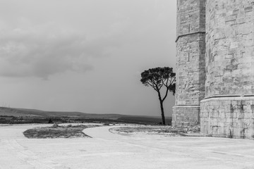Castel del Monte, a 13th century fortress built by the emperor of the Holy Roman Empire, Federico II. Black and White. Italy