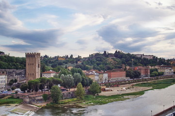 Fototapeta na wymiar View of the river Arno from Zecca tower, Florence, Tuscany, Italy