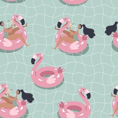 Materiał do szycia Girl in the pool swimming on pink flamingo float circle. Summertime seamless pattern.