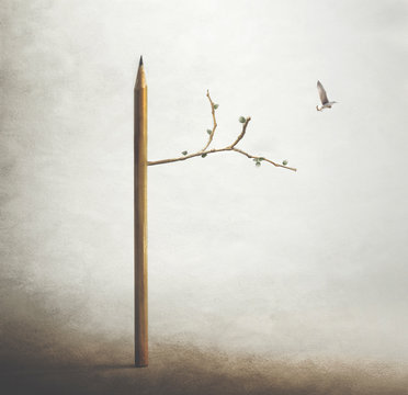 surreal image of a tree with a pencil trunk and a bird flying free in the sky