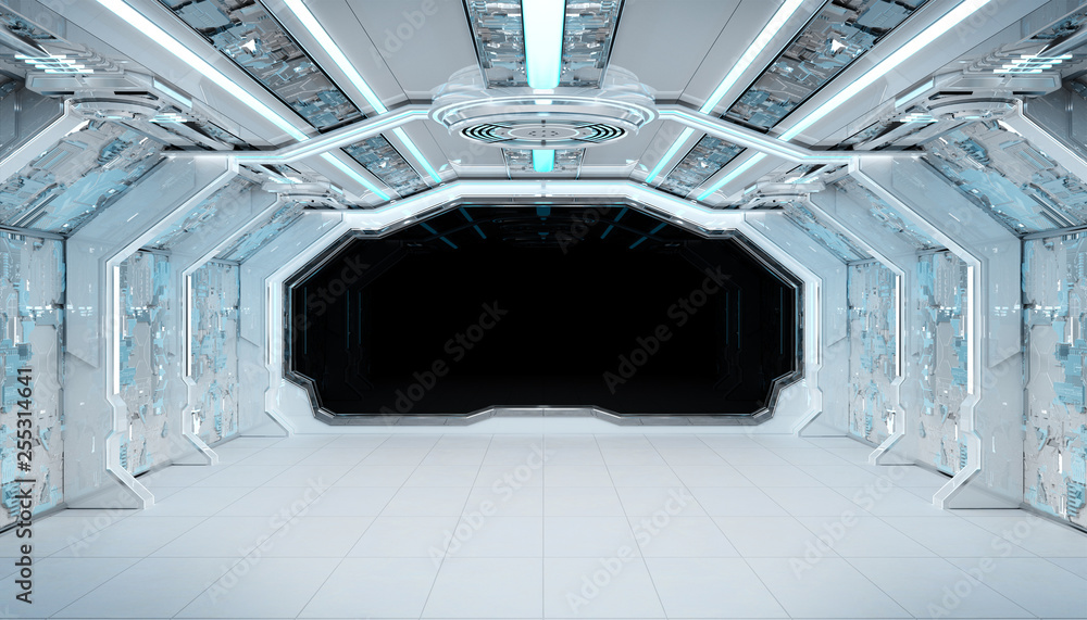 Poster white blue spaceship futuristic interior mockup with window view 3d rendering