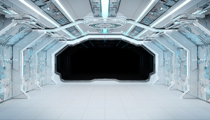 White blue spaceship futuristic interior mockup with window view 3d rendering © sdecoret