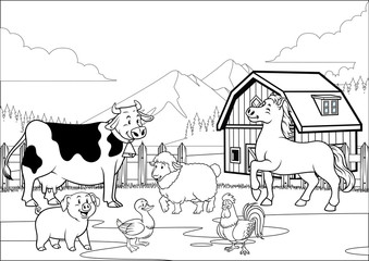 black and white coloring page happy farm animals gathering