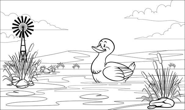 black and white coloring page duck in pond