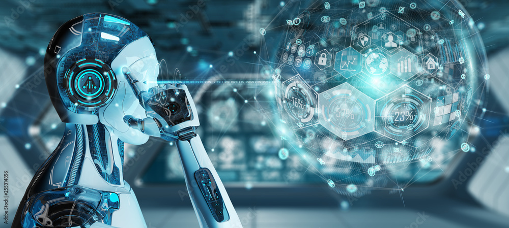 Aufkleber white male cyborg using digital chart interface 3d rendering