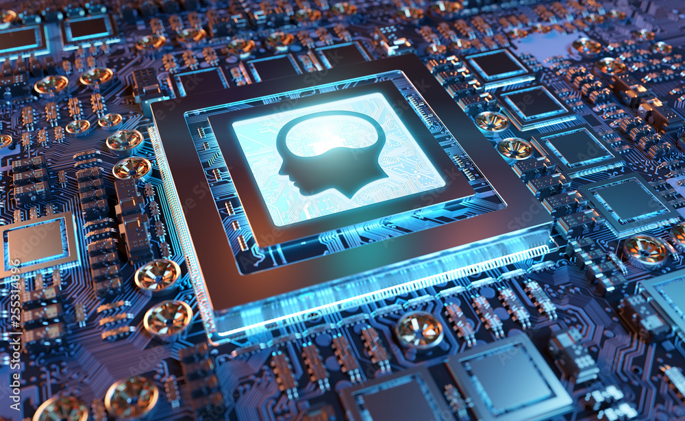 Poster artificial intelligence in a modern gpu card 3d rendering