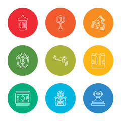 outline stroke football trophy, football player, american football field top view, black t shirt cloth, catching the ball, shield, american game ticket, american trash can, vector line icons set on