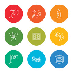 outline stroke american football scores, hot dog, flag, american football, football field, shield, soda, american flag, vector line icons set on rounded colorful shapes