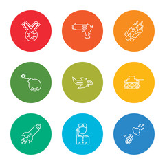 outline stroke explosion, soldier, missile, tank, jet, bomb, dynamite, gun, medal, vector line icons set on rounded colorful shapes