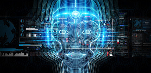 Robotic woman cyborg face representing artificial intelligence 3D rendering