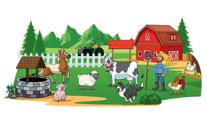 Obraz na płótnie Canvas farmer and animals on the farm yard