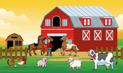 Obraz na płótnie Canvas happy animals farm with the farmer in the farm land