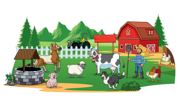 farmer and animals on the farm yard