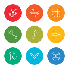 Fototapeta premium outline stroke shuffle, down arrow, return, right arrow, sort, drag, focus, transfer, multiply, vector line icons set on rounded colorful shapes