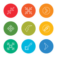 outline stroke right arrow, drag, expand, diagonal, download, move, play button, focus, minimize, vector line icons set on rounded colorful shapes