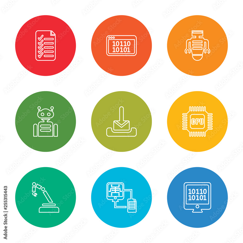 Poster outline stroke binary code, file transfer, mechanical arm, cpu, mail, robot, robot, binary code, che