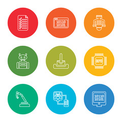 outline stroke binary code, file transfer, mechanical arm, cpu, mail, robot, robot, binary code, check list, vector line icons set on rounded colorful shapes