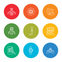 outline stroke shop assistant, wristwatch, detection, robot, medicine, robot, transfer, science, nurse, vector line icons set on rounded colorful shapes