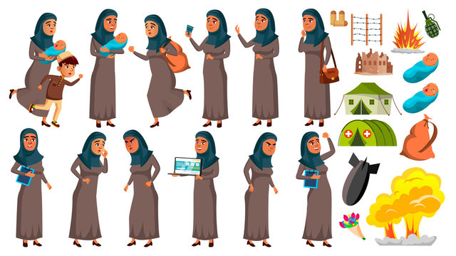 Arab, Muslim Teen Girl Poses Set Vector. Refugee, War, Bomb, Explosion, Panic. For Web Design. Isolated Cartoon Illustration