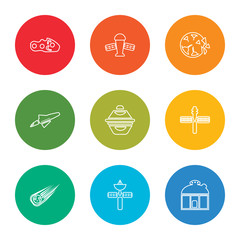 outline stroke observatory, satellite, comet, space station, ufo, space shuttle, destroyed planet, satellite, asteroid, vector line icons set on rounded colorful shapes