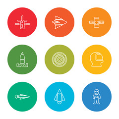 outline stroke alien, space ship, rocket ship, space suit, radar, space shuttle, telescope, rocket ship, station, vector line icons set on rounded colorful shapes
