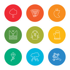outline stroke tree branch, rain, kite, glove, hoodie, shirt, apple, storm, tree, vector line icons set on rounded colorful shapes