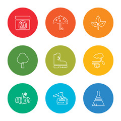 outline stroke broom, woodcutter, pumpkin, windy, boot, tree, leaf, umbrella, fireplace, vector line icons set on rounded colorful shapes