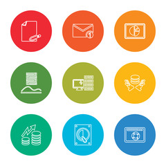 outline stroke browser, hard drive, data, data, computer, data, dashboard, email, file, vector line icons set on rounded colorful shapes
