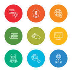 outline stroke intelligence, search, database, cookies, cloud, backup, link, traffic light, database, vector line icons set on rounded colorful shapes