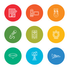 Fototapeta premium outline stroke airplane, camera, counting, clock, phone, microphone, magnet, camcorder, script, vector line icons set on rounded colorful shapes