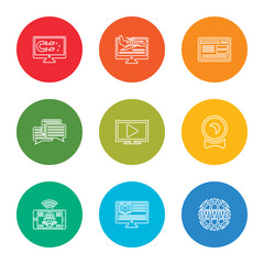 outline stroke web, computer, mobile, camera, tv, conversation, browser, computer, monitor, vector line icons set on rounded colorful shapes