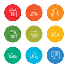outline stroke map, campfire, picnic, mountain, trees, backpack, fishing rod, tent, gasoline, vector line icons set on rounded colorful shapes