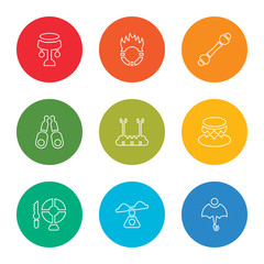 outline stroke umbrella, swing, knife throwing, circus podium, trapeze bar, jugglin, stick, ring of fire, handbalancing, vector line icons set on rounded colorful shapes
