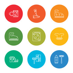 outline stroke shaver cleanin, window cleanin, house cleanin, washing washing machine iron iron cream washing machine vector line icons set on rounded colorful shapes
