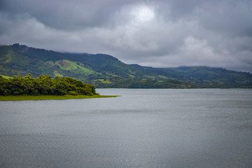 Rainy day in Costa Rica. View of the mountainous coast and ocean