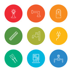 outline stroke gas pipe, window, screwdriver, plug, tap, ruler, door, pipe, eolic energy, vector line icons set on rounded colorful shapes