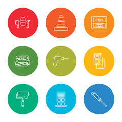 outline stroke screwdriver, window, paint roller, voltmeter, drill, log, gas pipe, cone, concrete mixer, vector line icons set on rounded colorful shapes